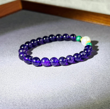 Natural Amethyst Beaded Bracelet 7.5mm | February Birthstone with Freshwater Pearl & Malachite