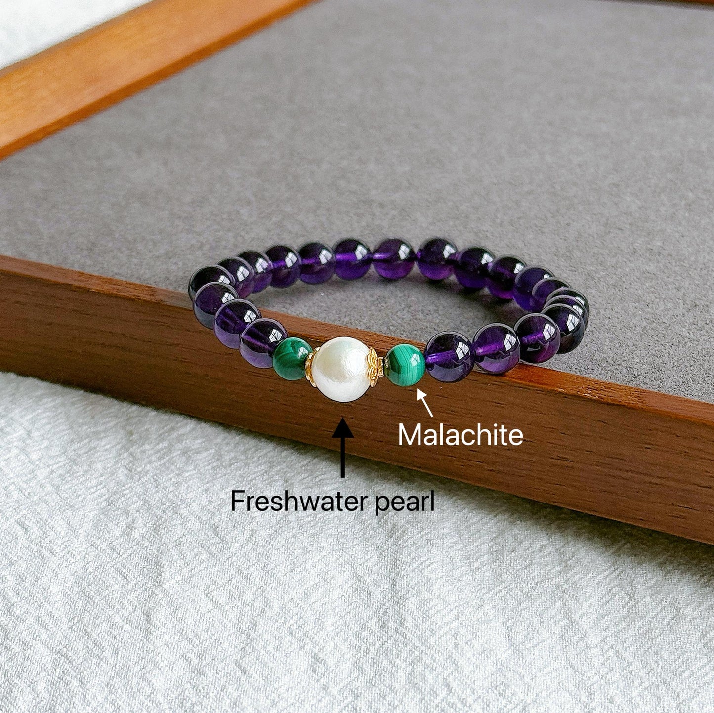 Natural Amethyst Beaded Bracelet 7.5mm | February Birthstone with Freshwater Pearl & Malachite