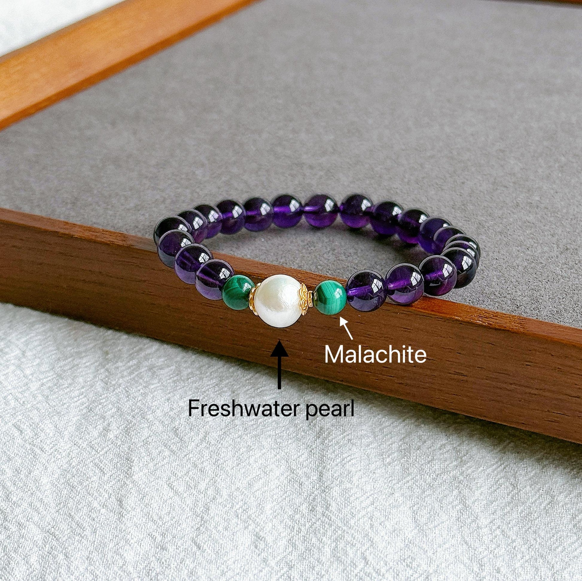 Natural Amethyst Beaded Bracelet 7.5mm | February Birthstone with Freshwater Pearl & Malachite