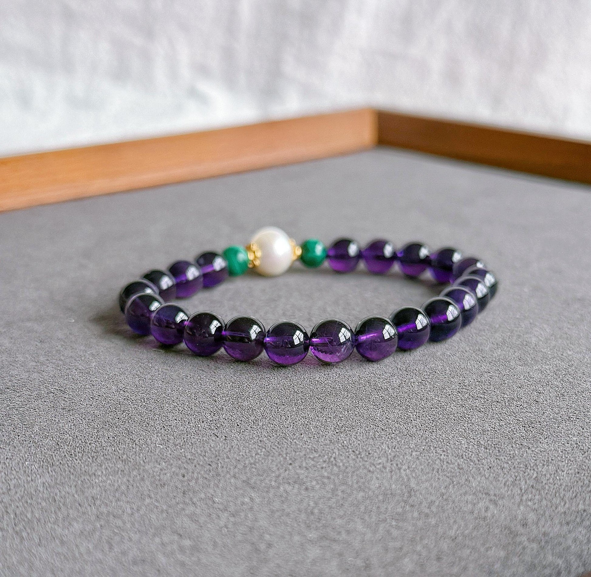Natural Amethyst Beaded Bracelet 7.5mm | February Birthstone with Freshwater Pearl & Malachite