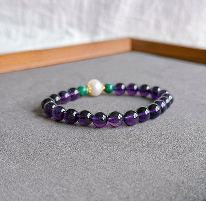 Natural Amethyst Beaded Bracelet 7.5mm | February Birthstone with Freshwater Pearl & Malachite