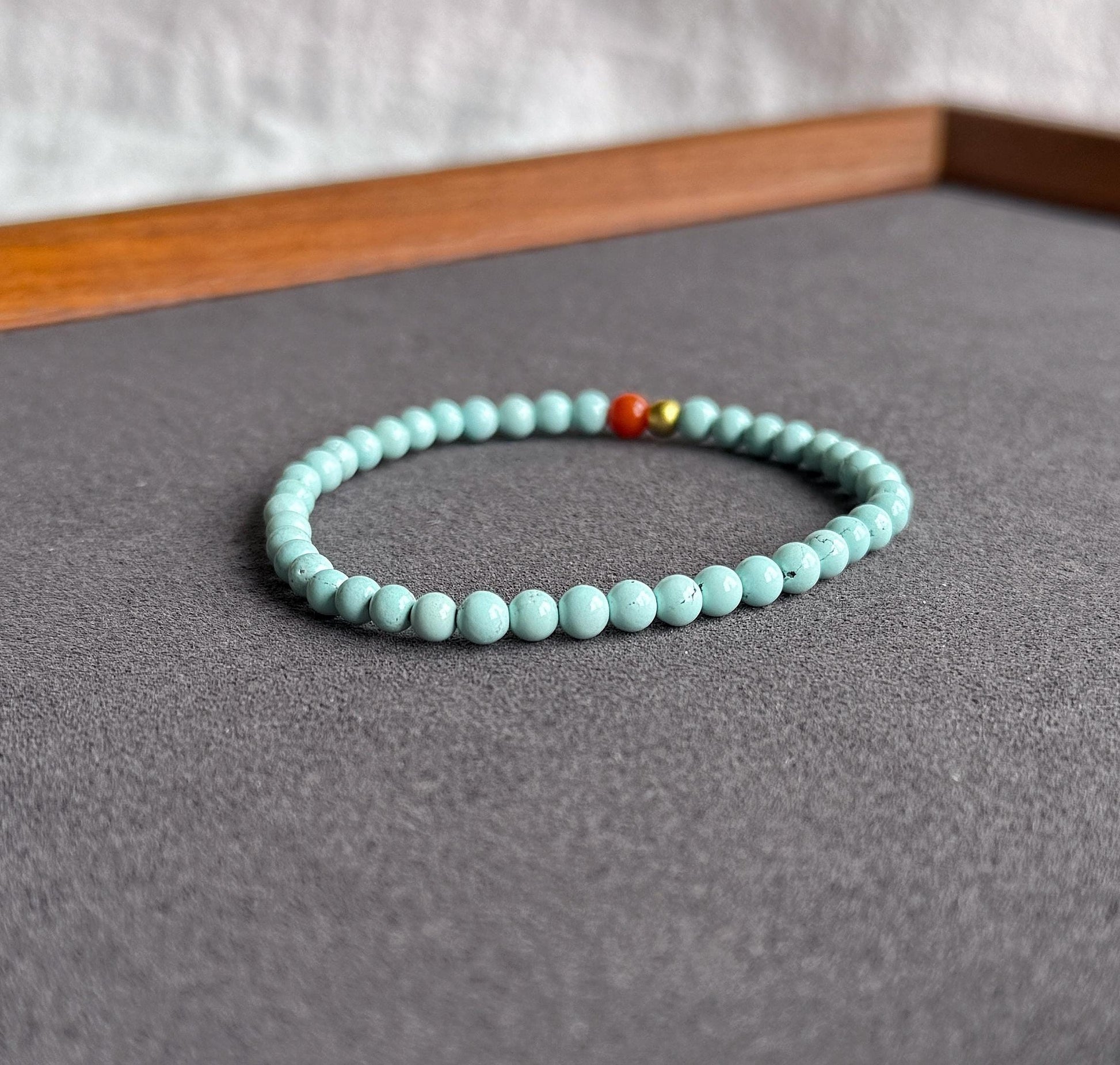 Natural Turquoise Beaded Bracelet 4mm | Red Agate & Gold-Plated S925 Silver | December Birthstone