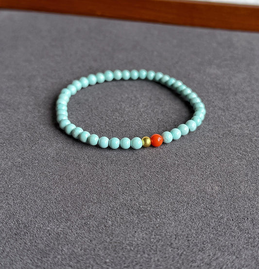 Natural Turquoise Beaded Bracelet 4mm | Red Agate & Gold-Plated S925 Silver | December Birthstone