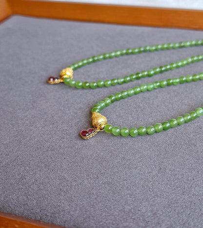 Handmade Green Jade Beaded Choker | Gold Gourd, Garnet Accents