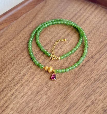 Handmade Green Jade Beaded Choker | Gold Gourd, Garnet Accents