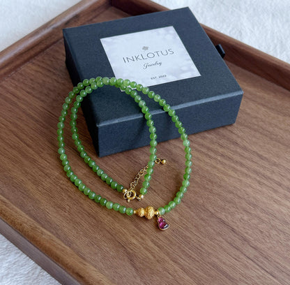 Handmade Green Jade Beaded Choker | Gold Gourd, Garnet Accents