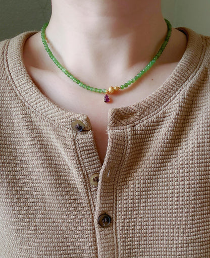 Handmade Green Jade Beaded Choker | Gold Gourd, Garnet Accents