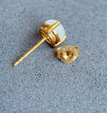 Gold Plated S925 Silver White Nephrite Jade Stud Earrings 6mm – Minimalist Prong Set Earrings
