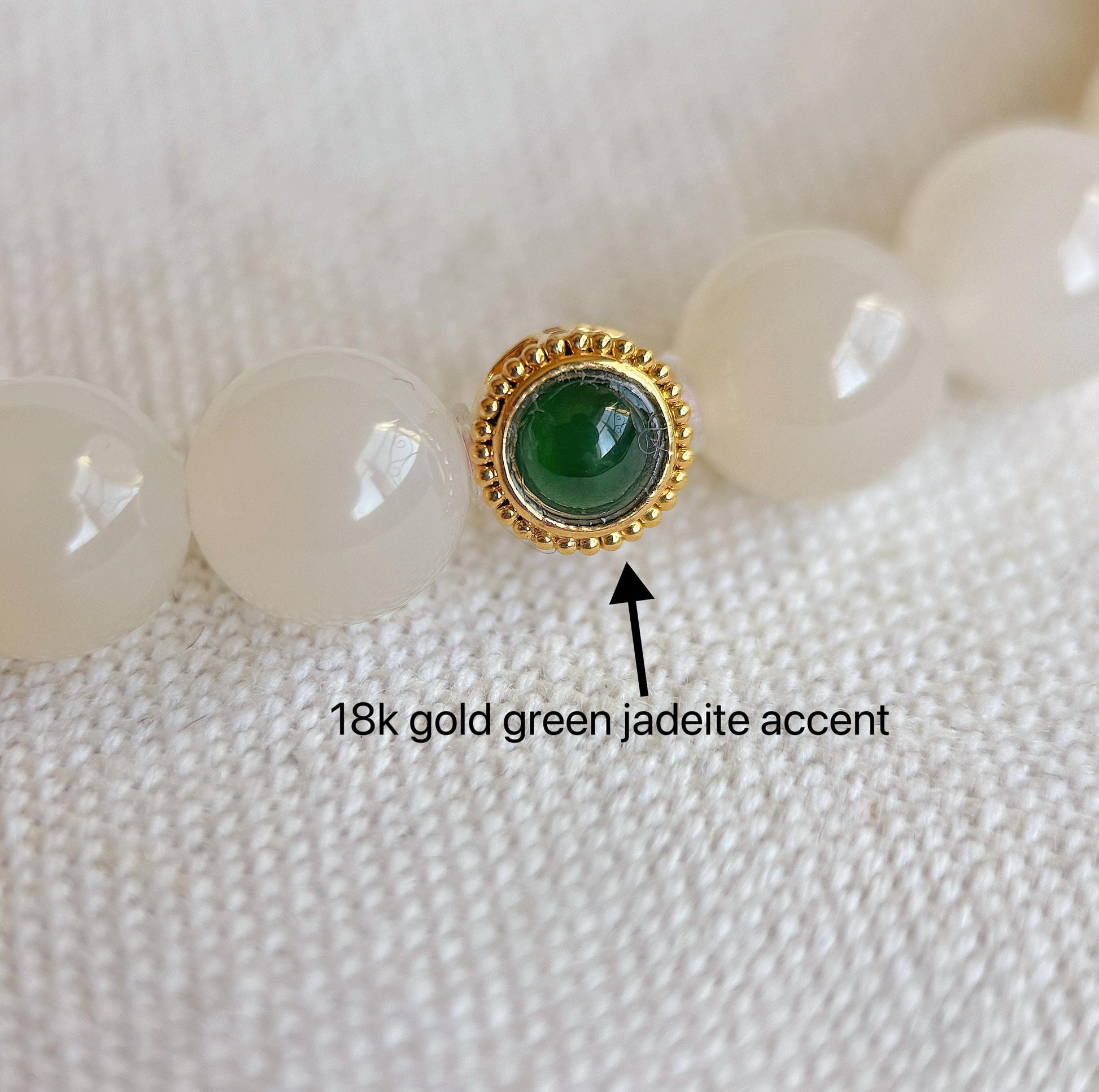 8mm Natural Nude Pink Nephrite Jade Beaded Bracelet – 18K Gold Green Jadeite Accent