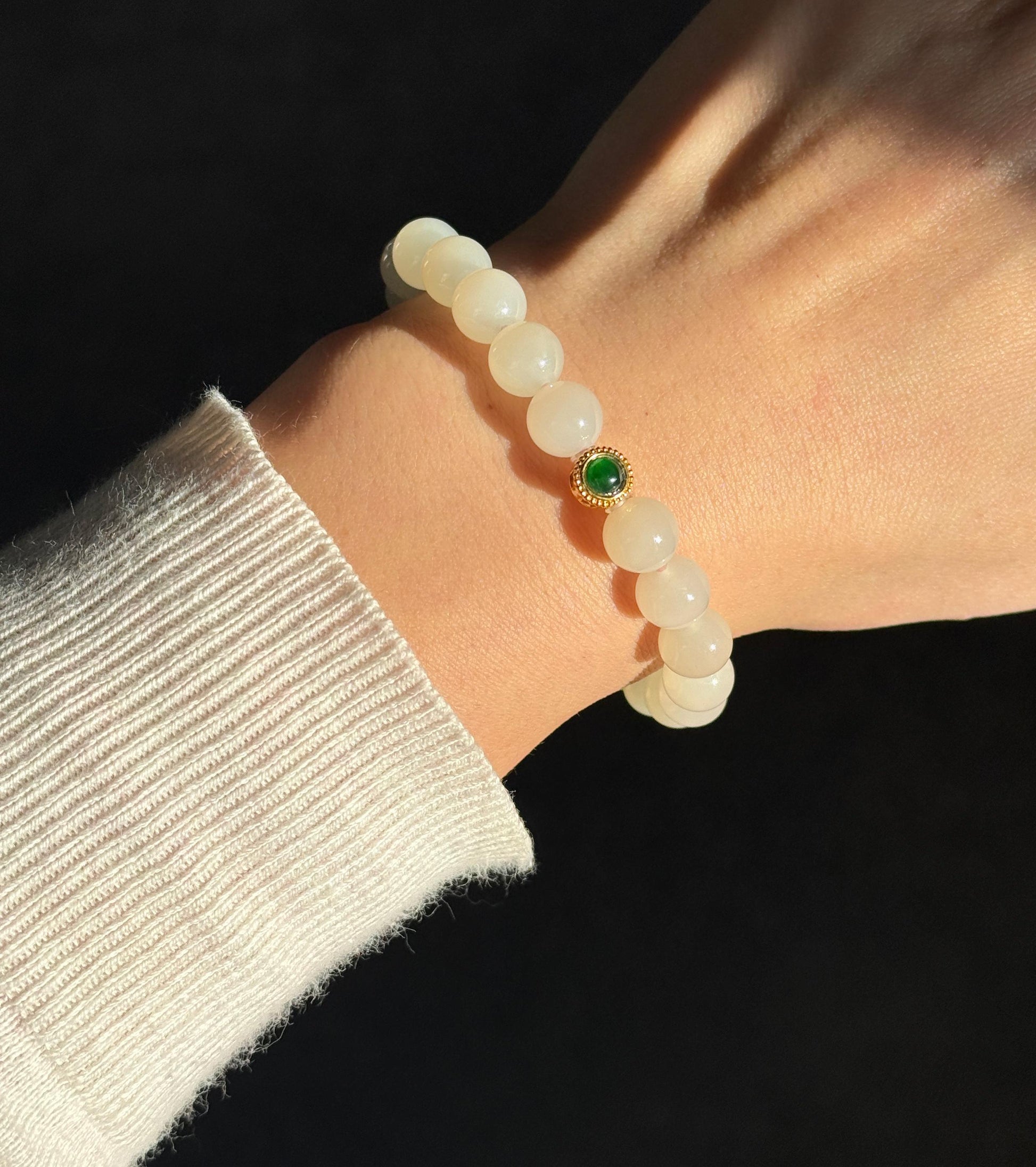 8mm Natural Nude Pink Nephrite Jade Beaded Bracelet – 18K Gold Green Jadeite Accent
