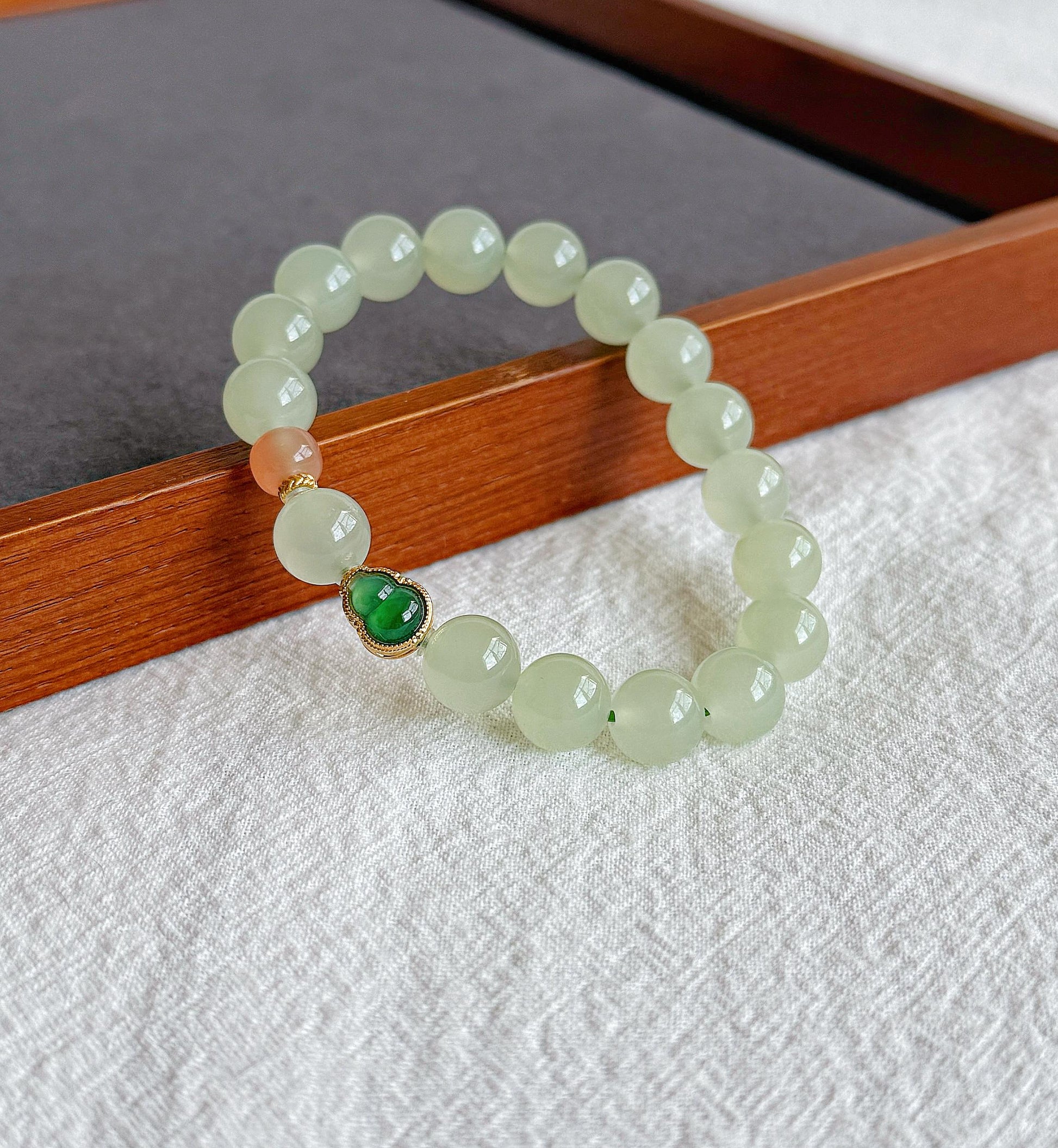 10mm Natural Nephrite Jade Bracelet | 18K Gold Jadeite Gourd & Red Agate Accent