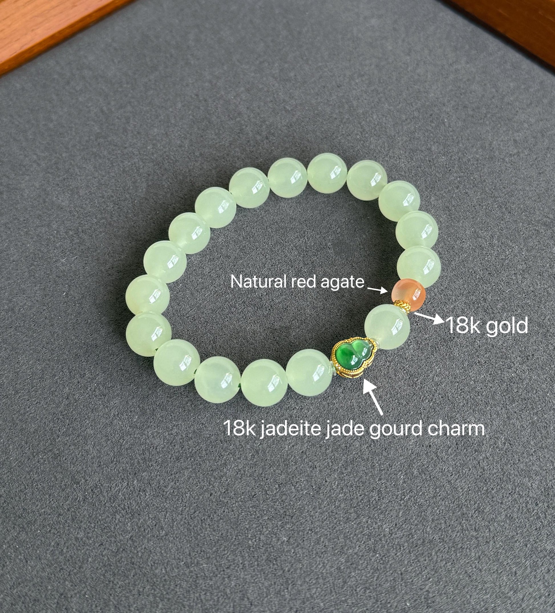 10mm Natural Nephrite Jade Bracelet | 18K Gold Jadeite Gourd & Red Agate Accent