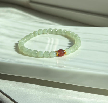 6mm Nephrite Jade Bracelet with Red Agate Accent