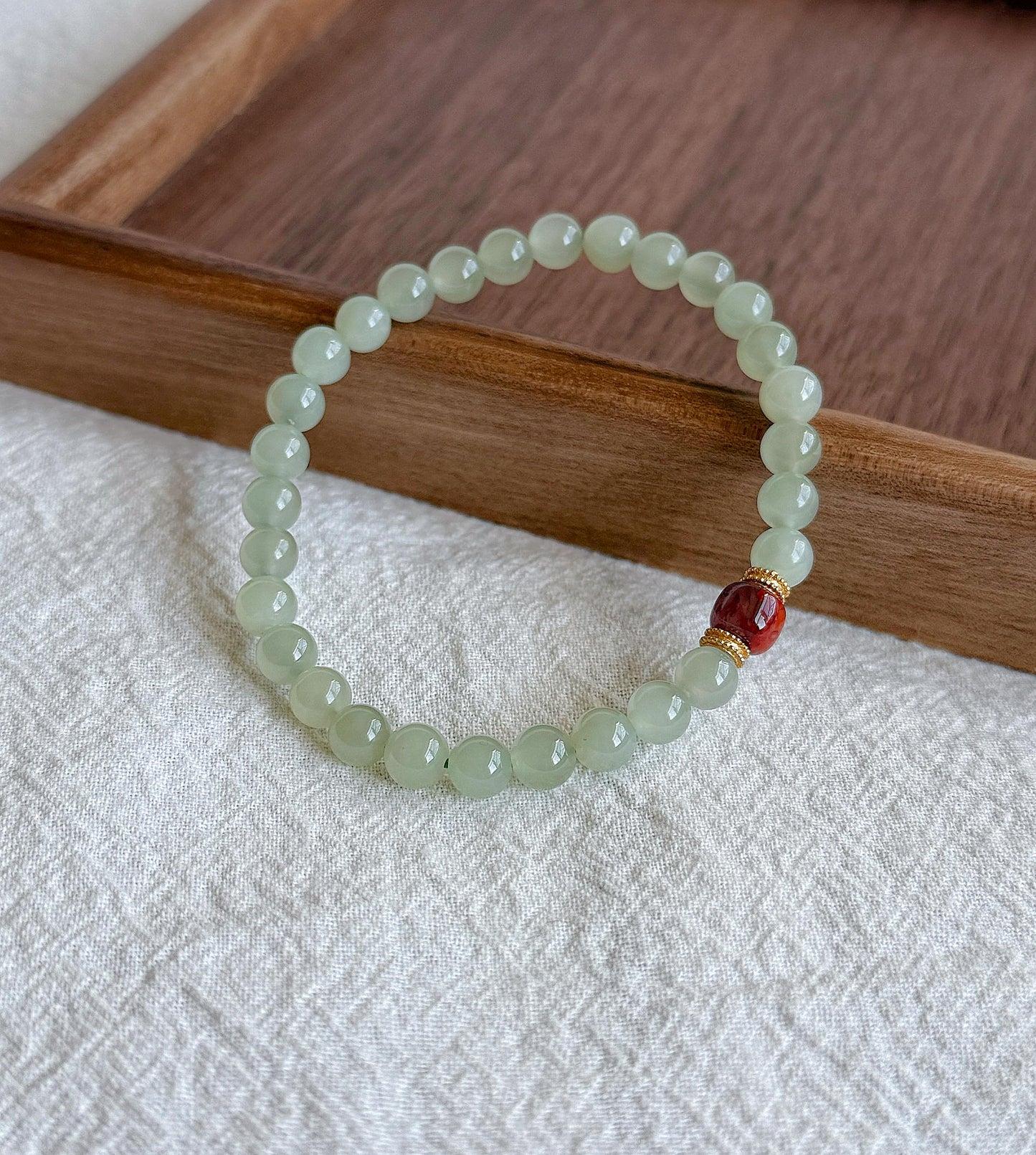 6mm Nephrite Jade Bracelet with Red Agate Accent