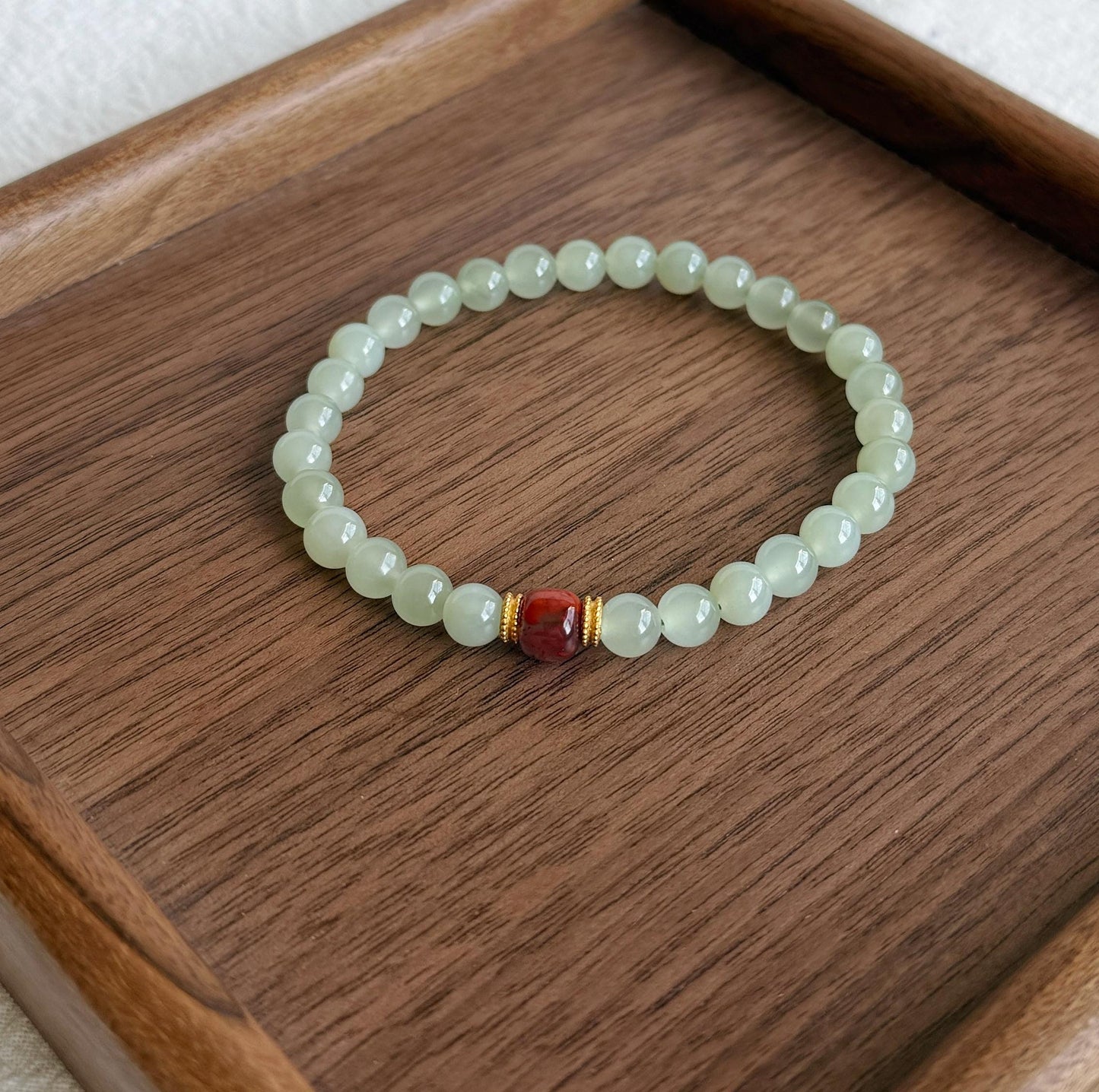 6mm Nephrite Jade Bracelet with Red Agate Accent