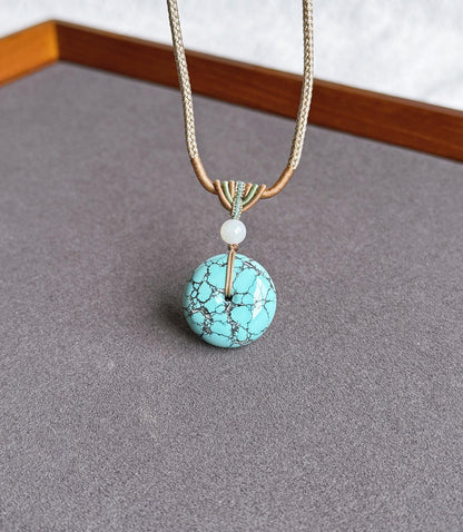 Natural Turquoise Donut Pendant Necklace | Genuine Untreated Turquoise with White Nephrite Jade | Adjustable Cord