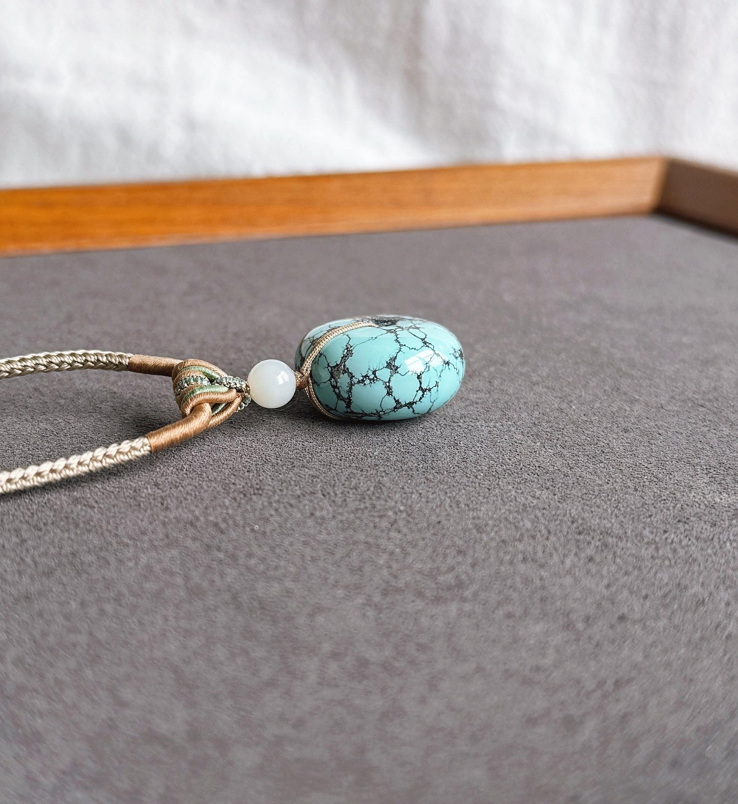 Natural Turquoise Donut Pendant Necklace | Genuine Untreated Turquoise with White Nephrite Jade | Adjustable Cord