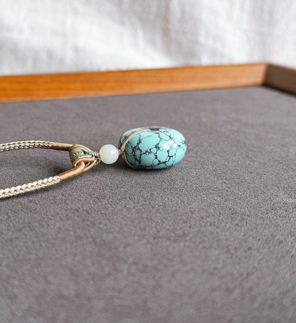 Natural Turquoise Donut Pendant Necklace | Genuine Untreated Turquoise with White Nephrite Jade | Adjustable Cord