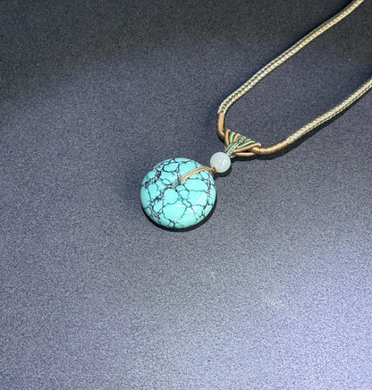 Natural Turquoise Donut Pendant Necklace | Genuine Untreated Turquoise with White Nephrite Jade | Adjustable Cord