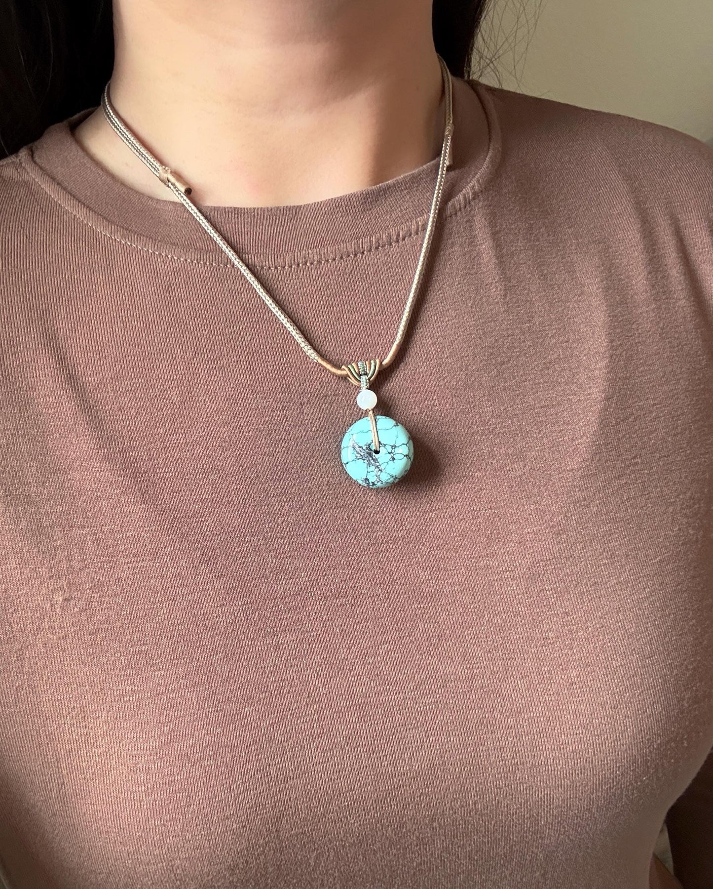 Natural Turquoise Donut Pendant Necklace | Genuine Untreated Turquoise with White Nephrite Jade | Adjustable Cord