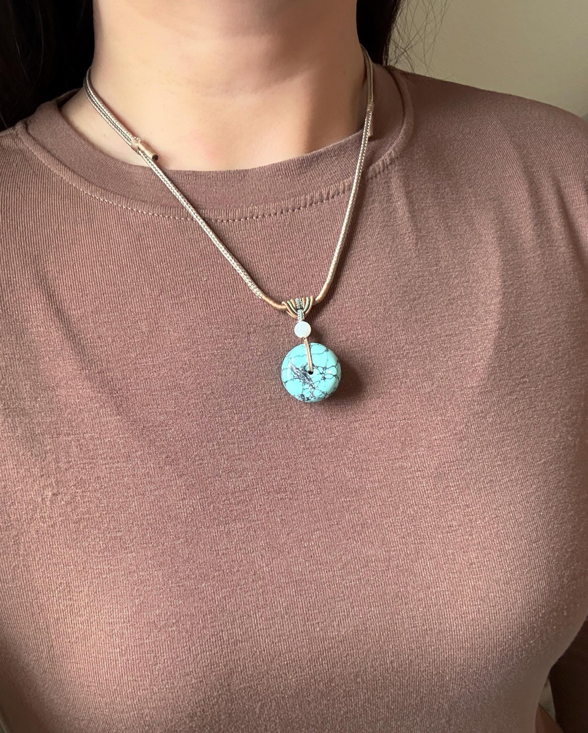 Natural Turquoise Donut Pendant Necklace | Genuine Untreated Turquoise with White Nephrite Jade | Adjustable Cord