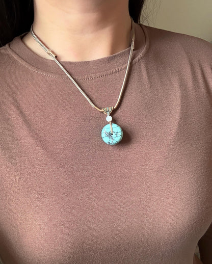 Natural Turquoise Donut Pendant Necklace | Genuine Untreated Turquoise with White Nephrite Jade | Adjustable Cord