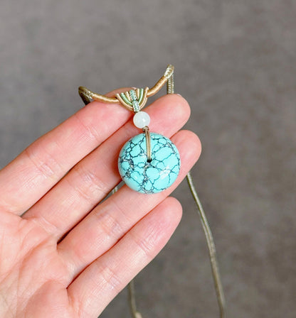 Natural Turquoise Donut Pendant Necklace | Genuine Untreated Turquoise with White Nephrite Jade | Adjustable Cord