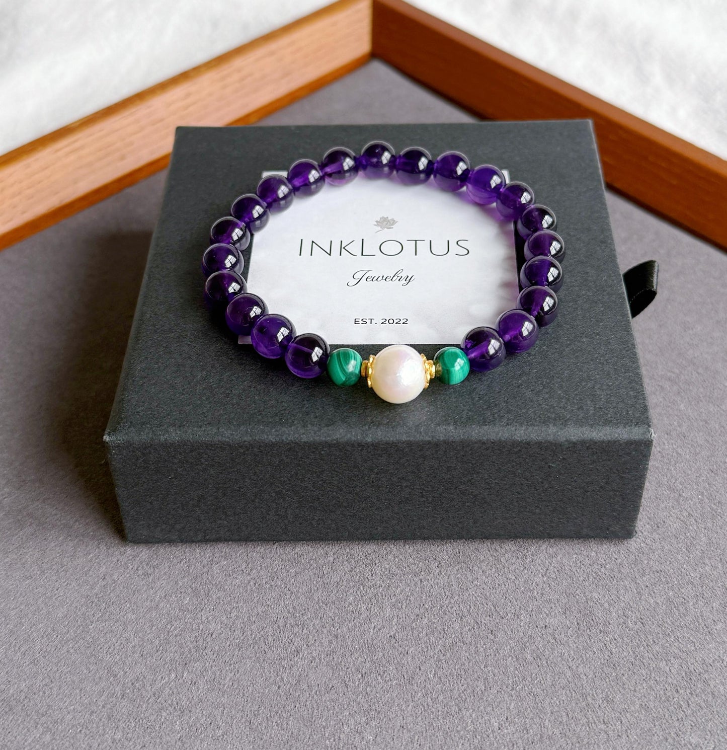 Natural Amethyst Beaded Bracelet 7.5mm | February Birthstone with Freshwater Pearl & Malachite
