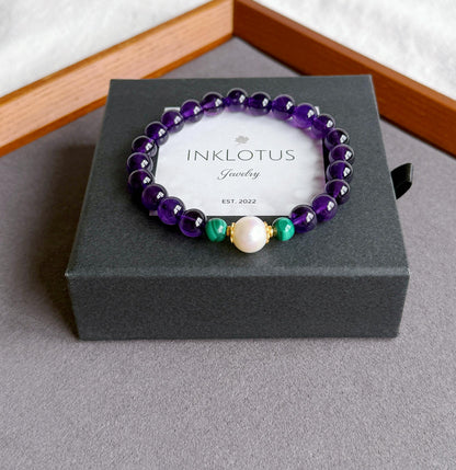 Natural Amethyst Beaded Bracelet 7.5mm | February Birthstone with Freshwater Pearl & Malachite