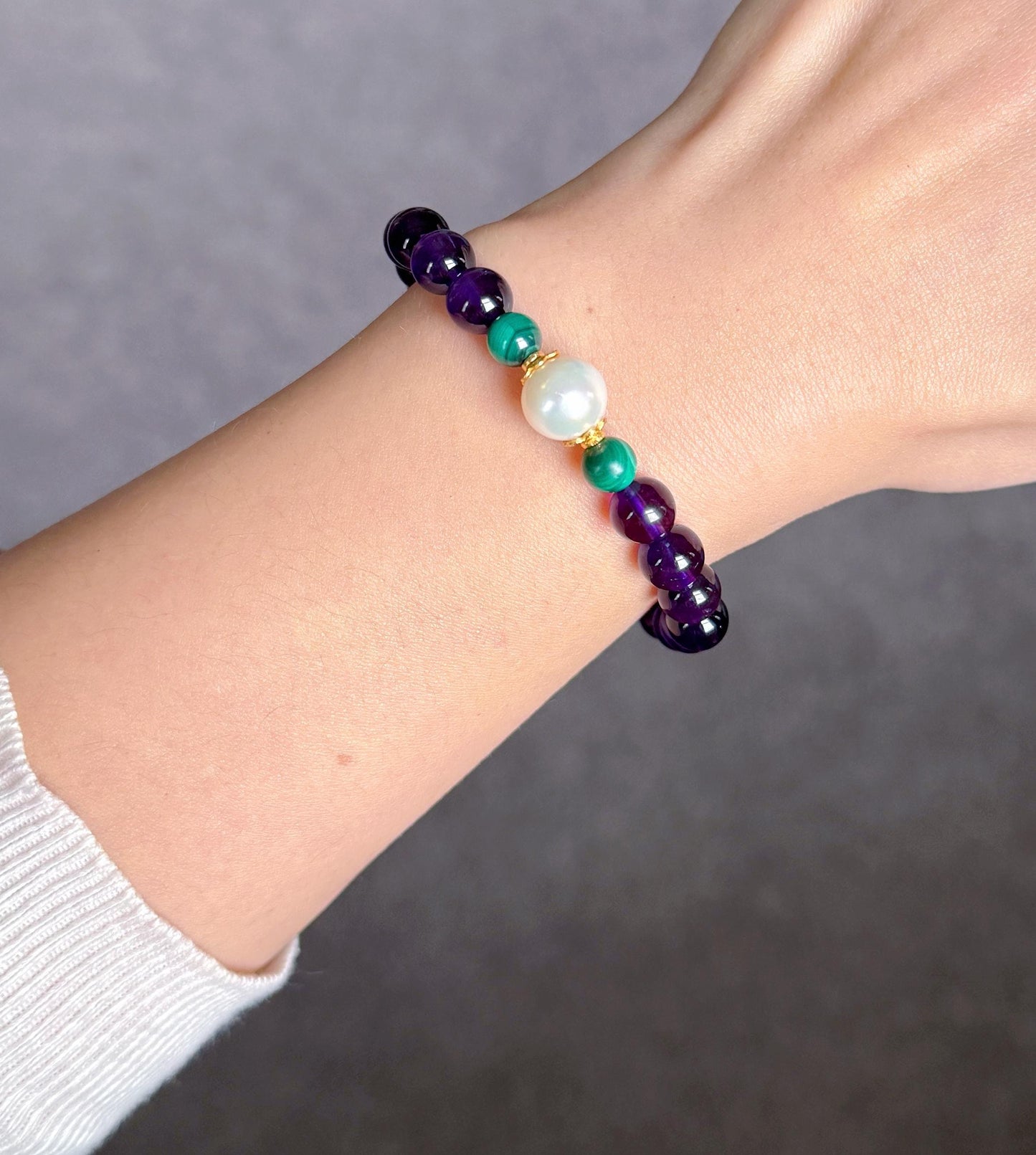 Natural Amethyst Beaded Bracelet 7.5mm | February Birthstone with Freshwater Pearl & Malachite