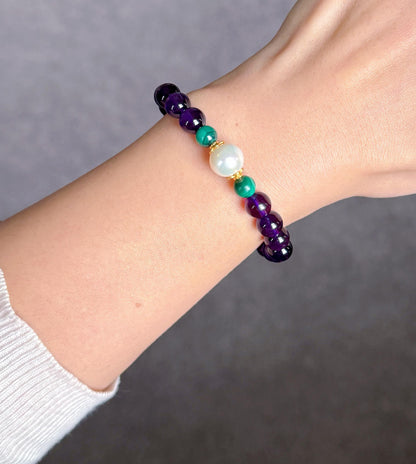 Natural Amethyst Beaded Bracelet 7.5mm | February Birthstone with Freshwater Pearl & Malachite