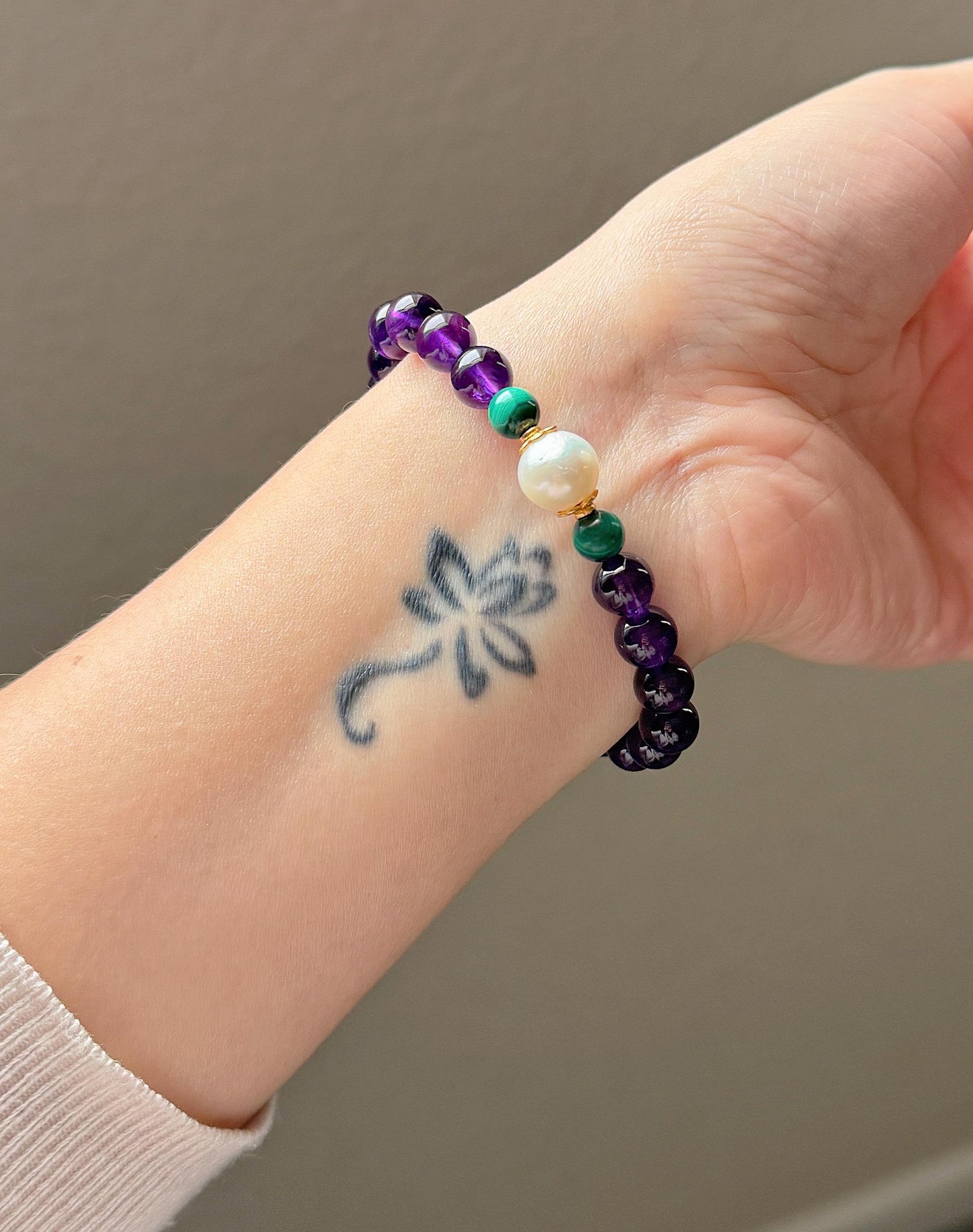 Natural Amethyst Beaded Bracelet 7.5mm | February Birthstone with Freshwater Pearl & Malachite