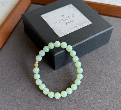 7mm Mint Green Nephrite Jade Bracelet | 18K Gold Gourd Charm, Handmade