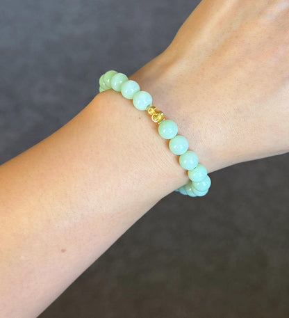 7mm Mint Green Nephrite Jade Bracelet | 18K Gold Gourd Charm, Handmade