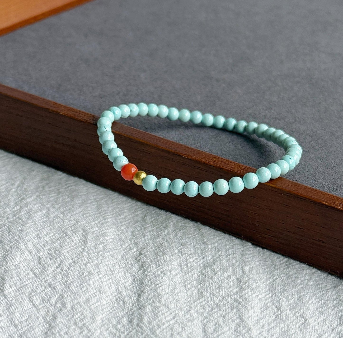 Natural Turquoise Beaded Bracelet 4mm | Red Agate & Gold-Plated S925 Silver | December Birthstone
