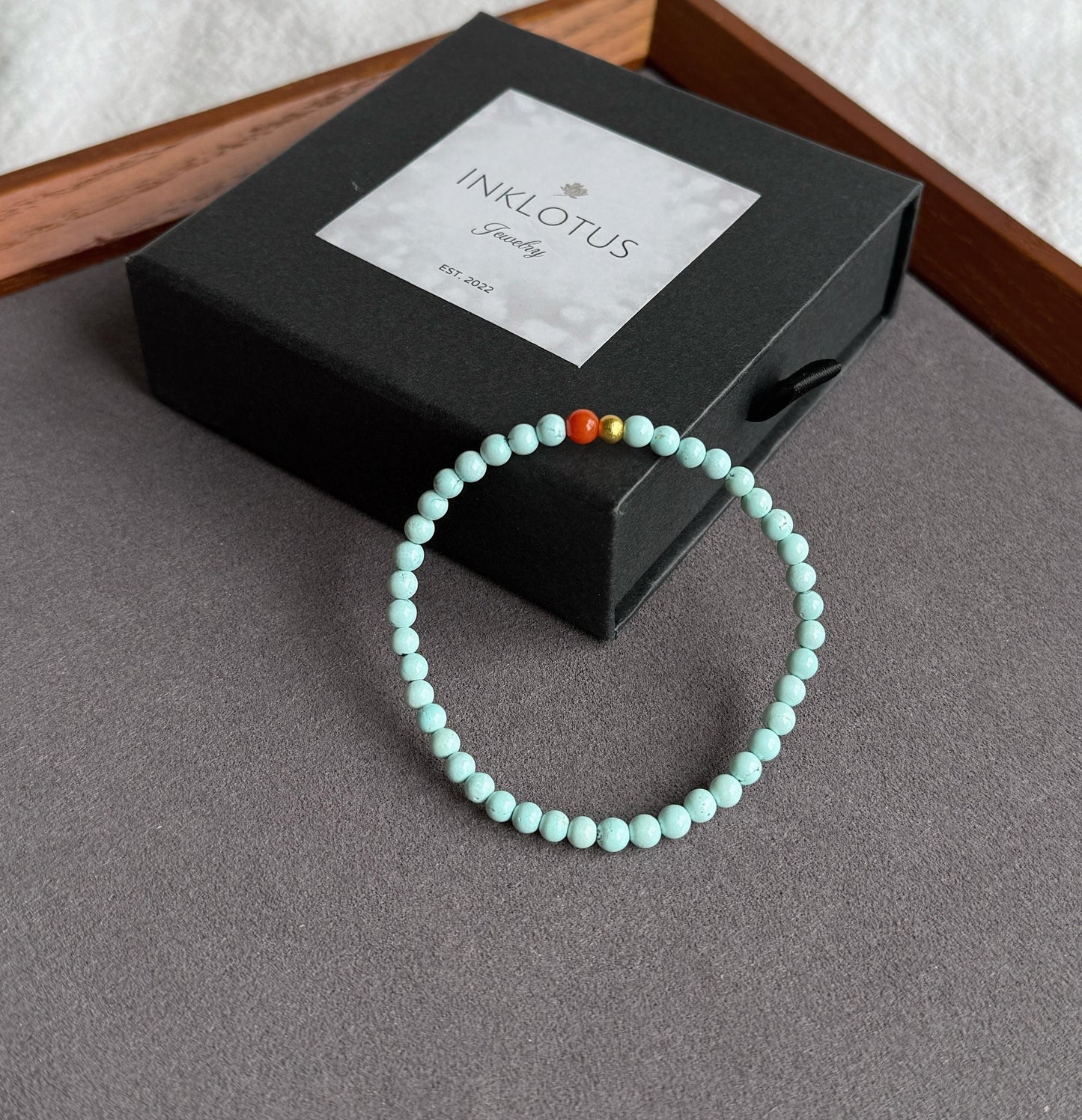 Natural Turquoise Beaded Bracelet 4mm | Red Agate & Gold-Plated S925 Silver | December Birthstone
