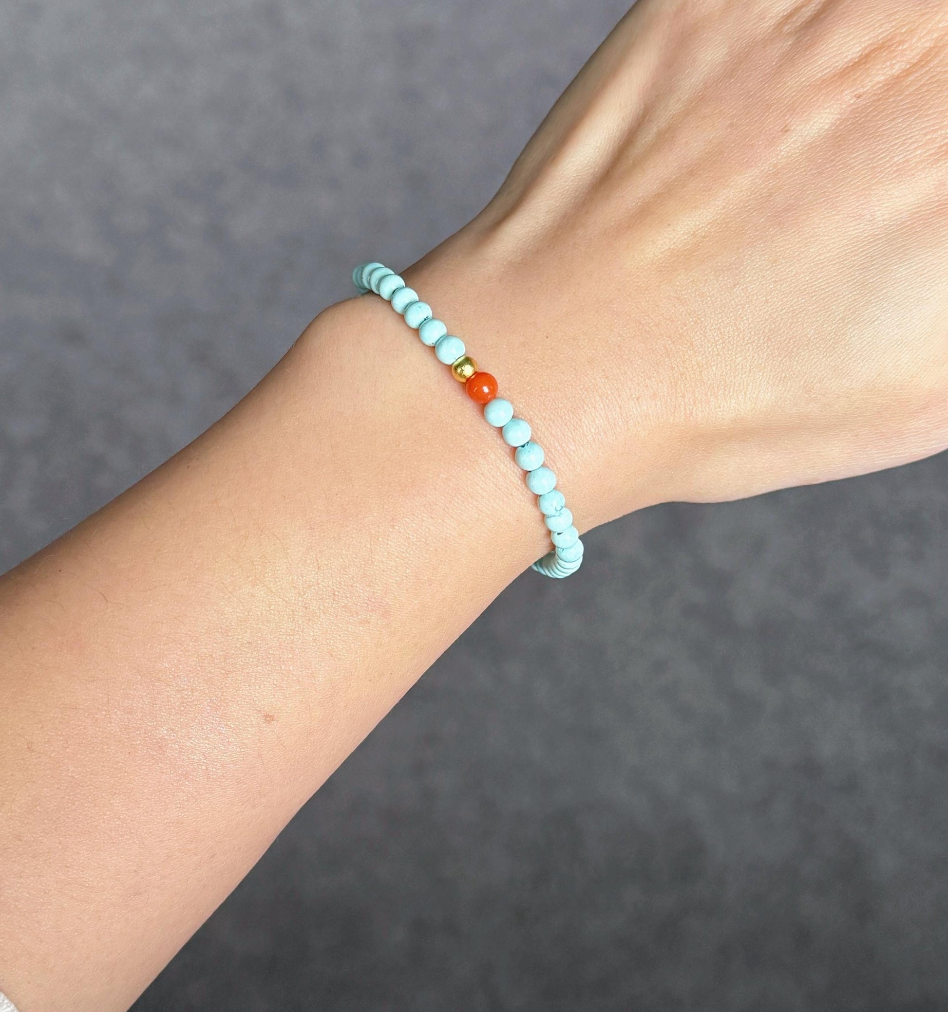 Natural Turquoise Beaded Bracelet 4mm | Red Agate & Gold-Plated S925 Silver | December Birthstone