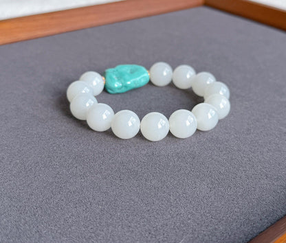12mm White Nephrite Jade Bracelet | Mutton Fat Jade | Natural Turquoise, 18K Gold