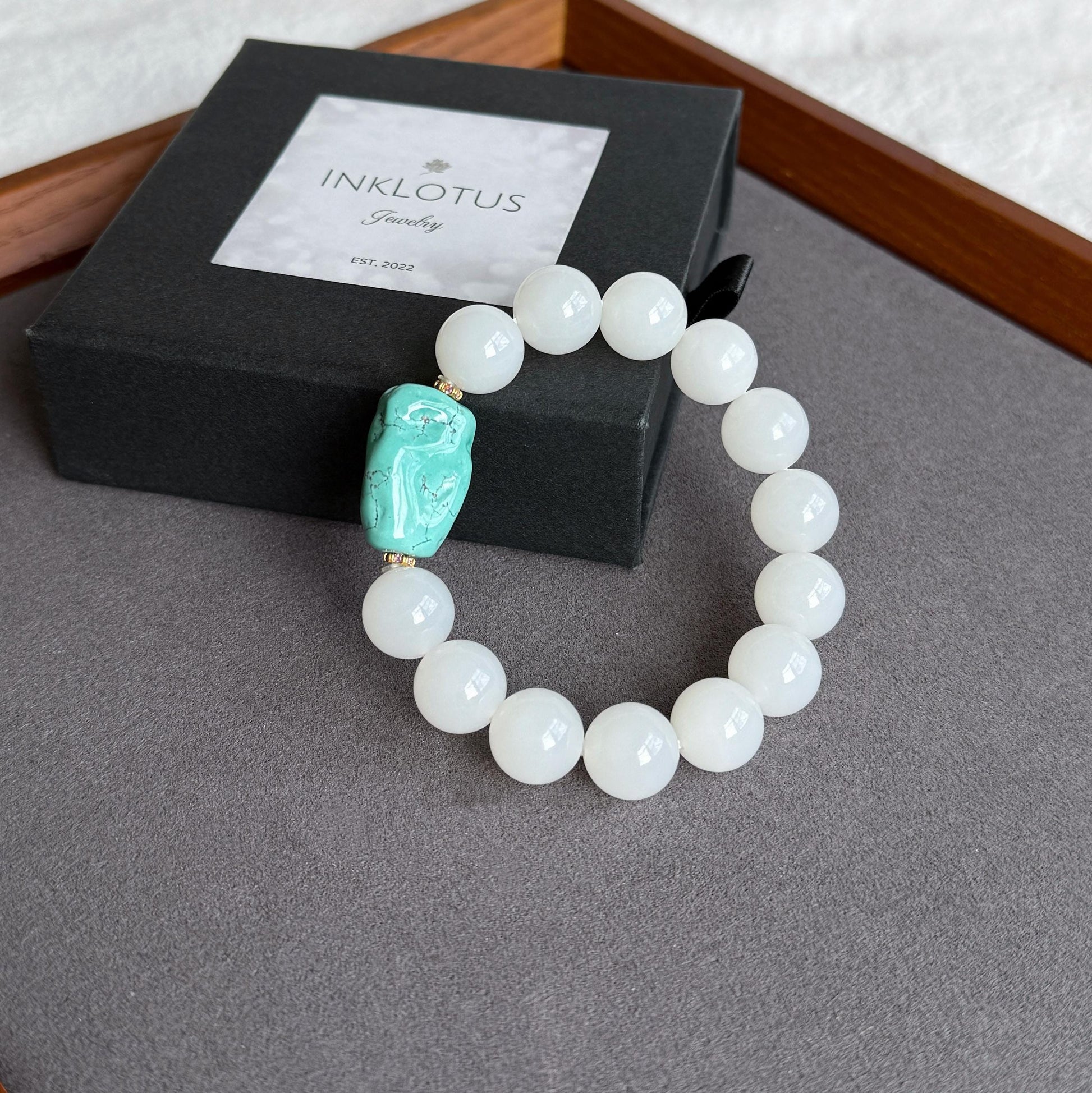 12mm White Nephrite Jade Bracelet | Mutton Fat Jade | Natural Turquoise, 18K Gold