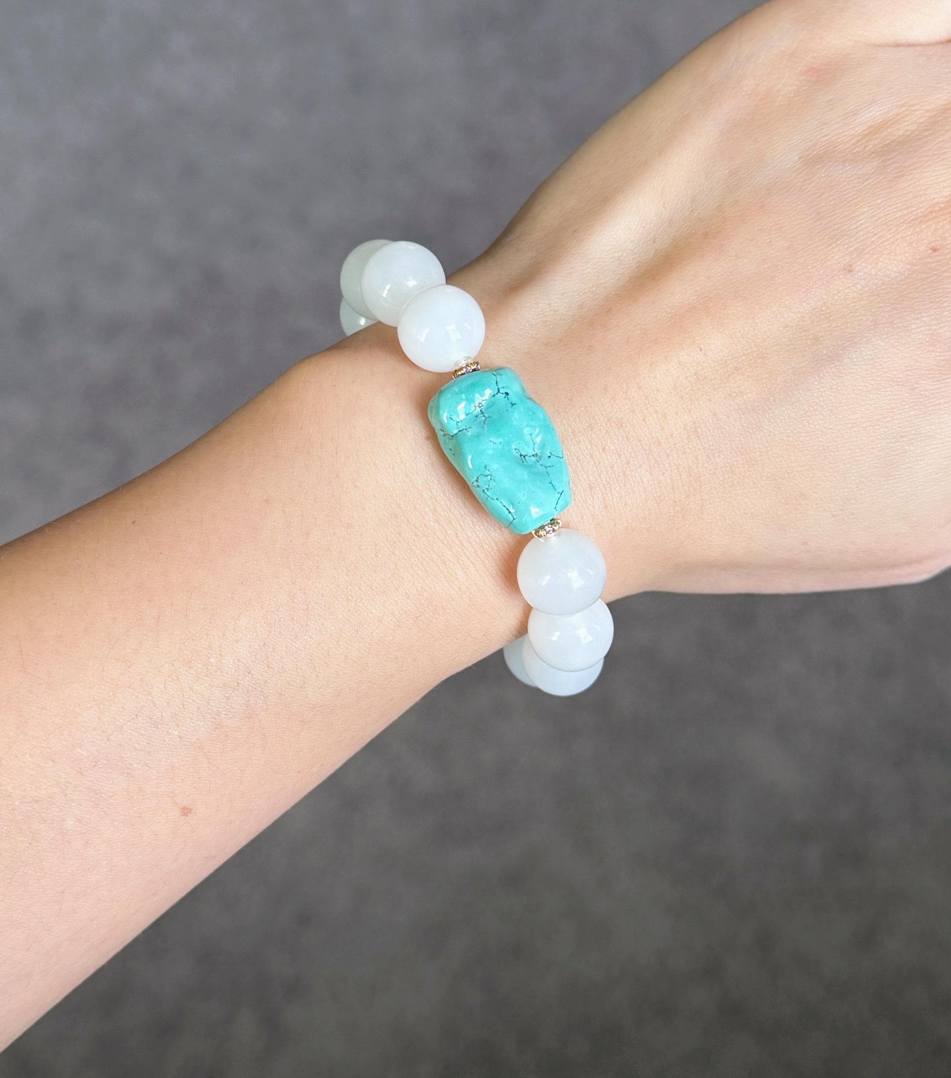 12mm White Nephrite Jade Bracelet | Mutton Fat Jade | Natural Turquoise, 18K Gold