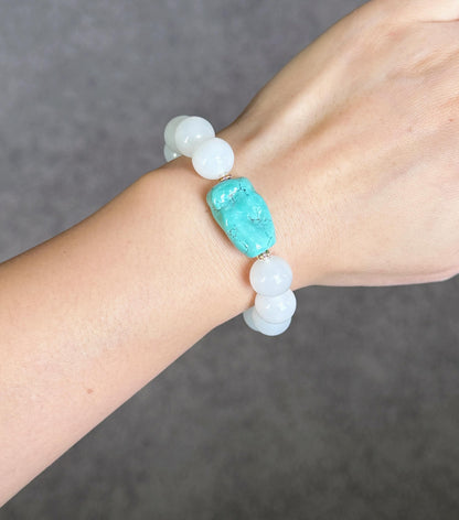 12mm White Nephrite Jade Bracelet | Mutton Fat Jade | Natural Turquoise, 18K Gold