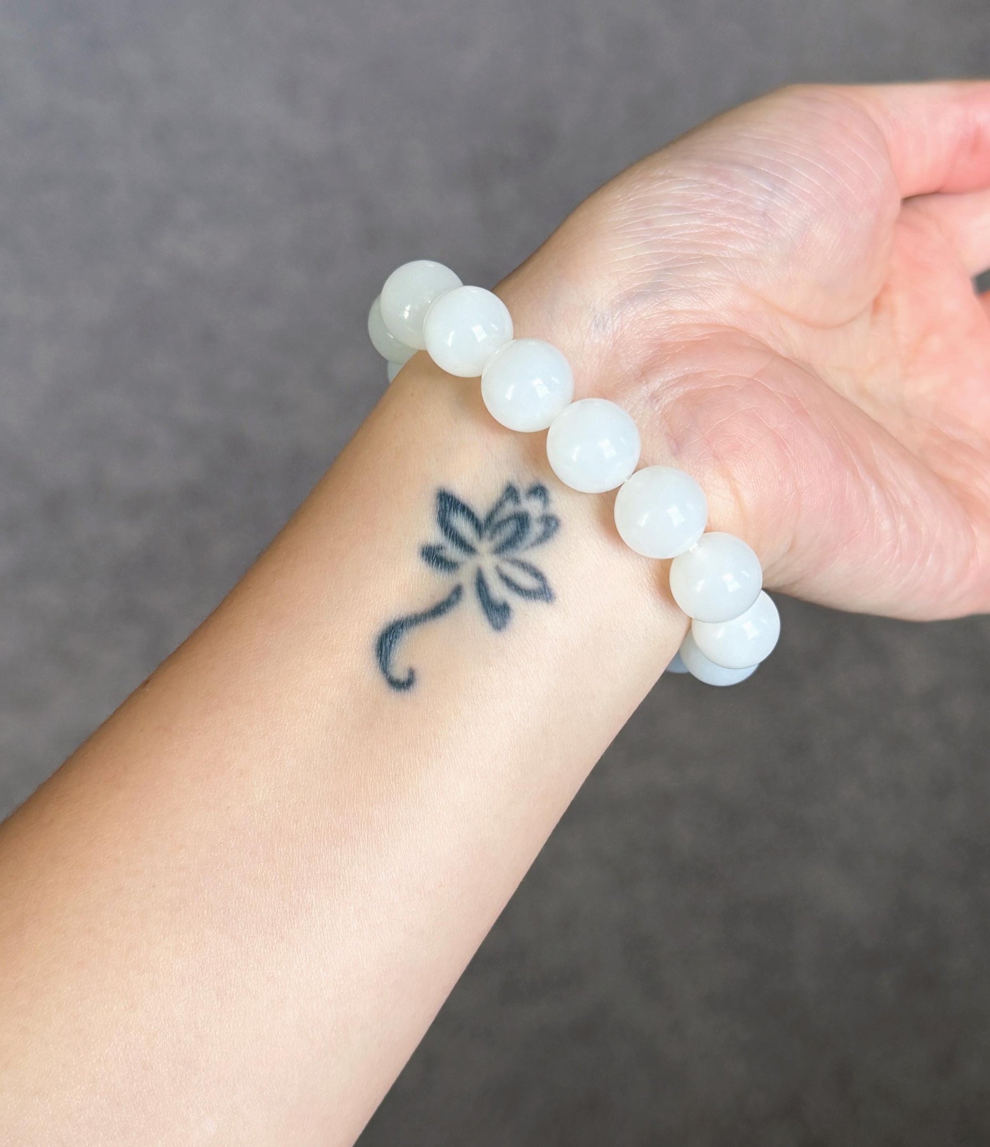12mm White Nephrite Jade Bracelet | Mutton Fat Jade | Natural Turquoise, 18K Gold