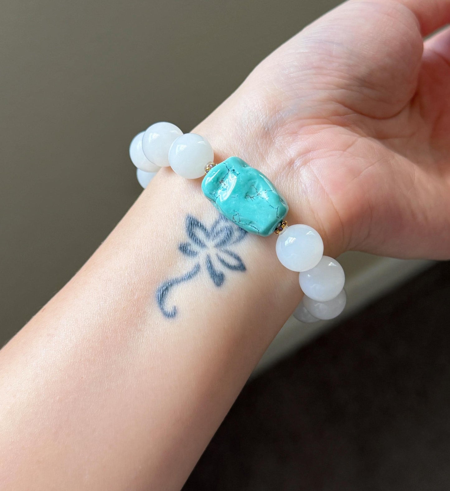 12mm White Nephrite Jade Bracelet | Mutton Fat Jade | Natural Turquoise, 18K Gold