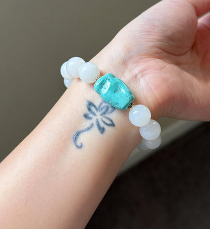 12mm White Nephrite Jade Bracelet | Mutton Fat Jade | Natural Turquoise, 18K Gold