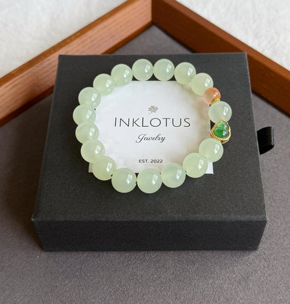 10mm Natural Nephrite Jade Bracelet | 18K Gold Jadeite Gourd & Red Agate Accent