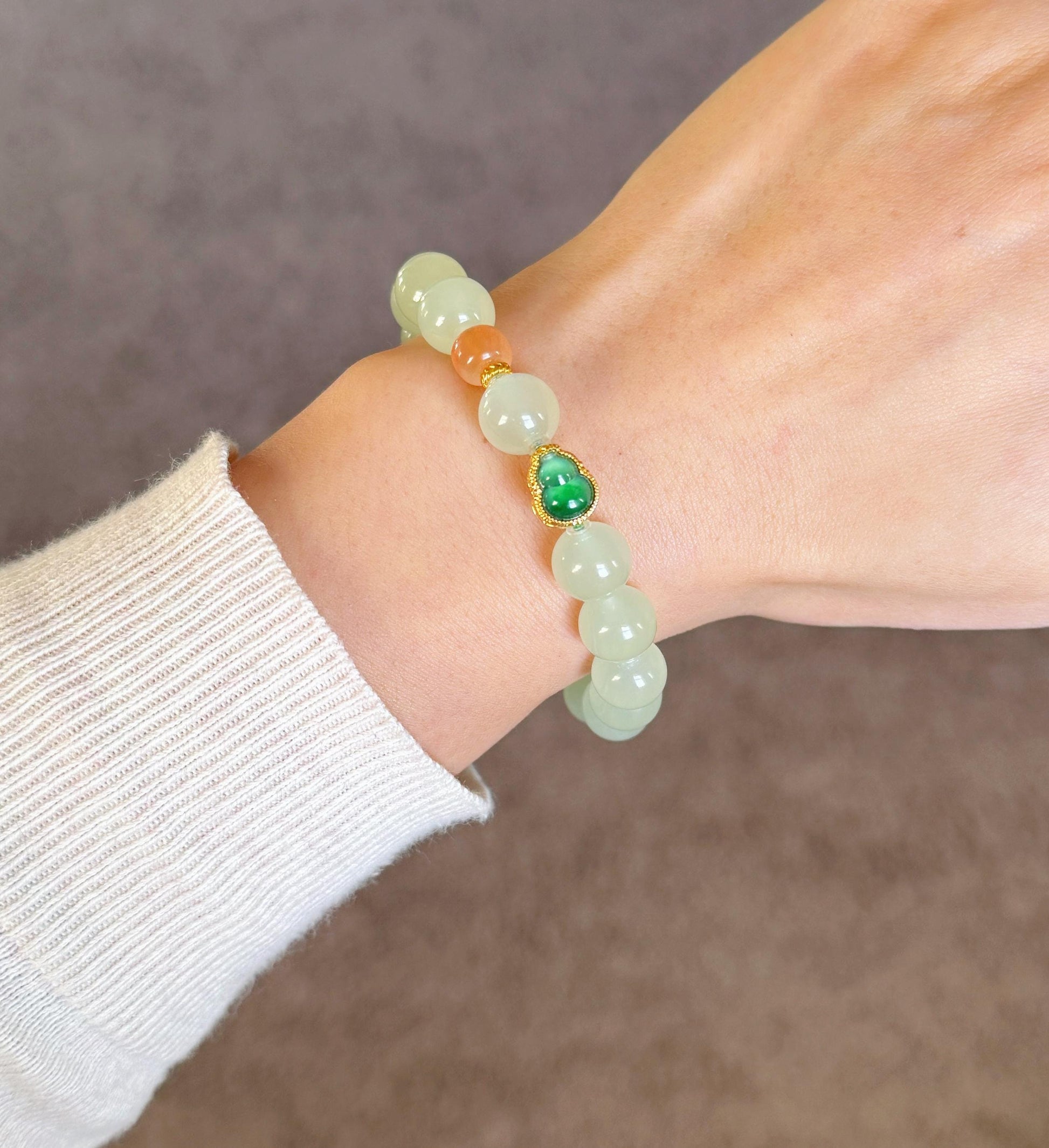 10mm Natural Nephrite Jade Bracelet | 18K Gold Jadeite Gourd & Red Agate Accent