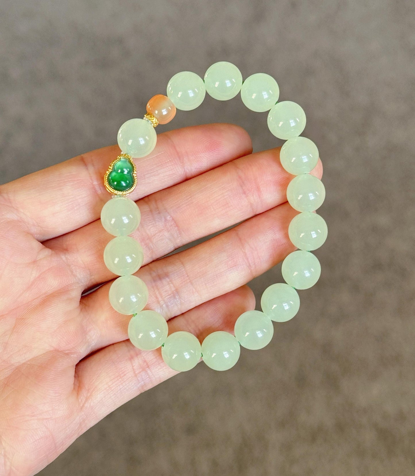 10mm Natural Nephrite Jade Bracelet | 18K Gold Jadeite Gourd & Red Agate Accent