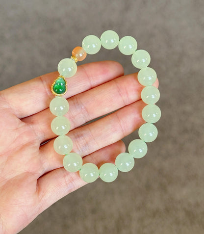 10mm Natural Nephrite Jade Bracelet | 18K Gold Jadeite Gourd & Red Agate Accent