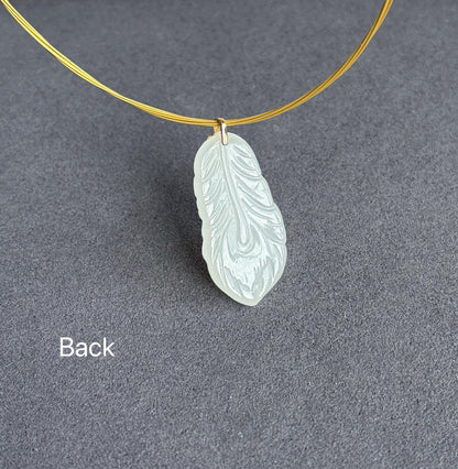 18K Gold White Nephrite Jade Feather Pendant Necklace | Gift for Her