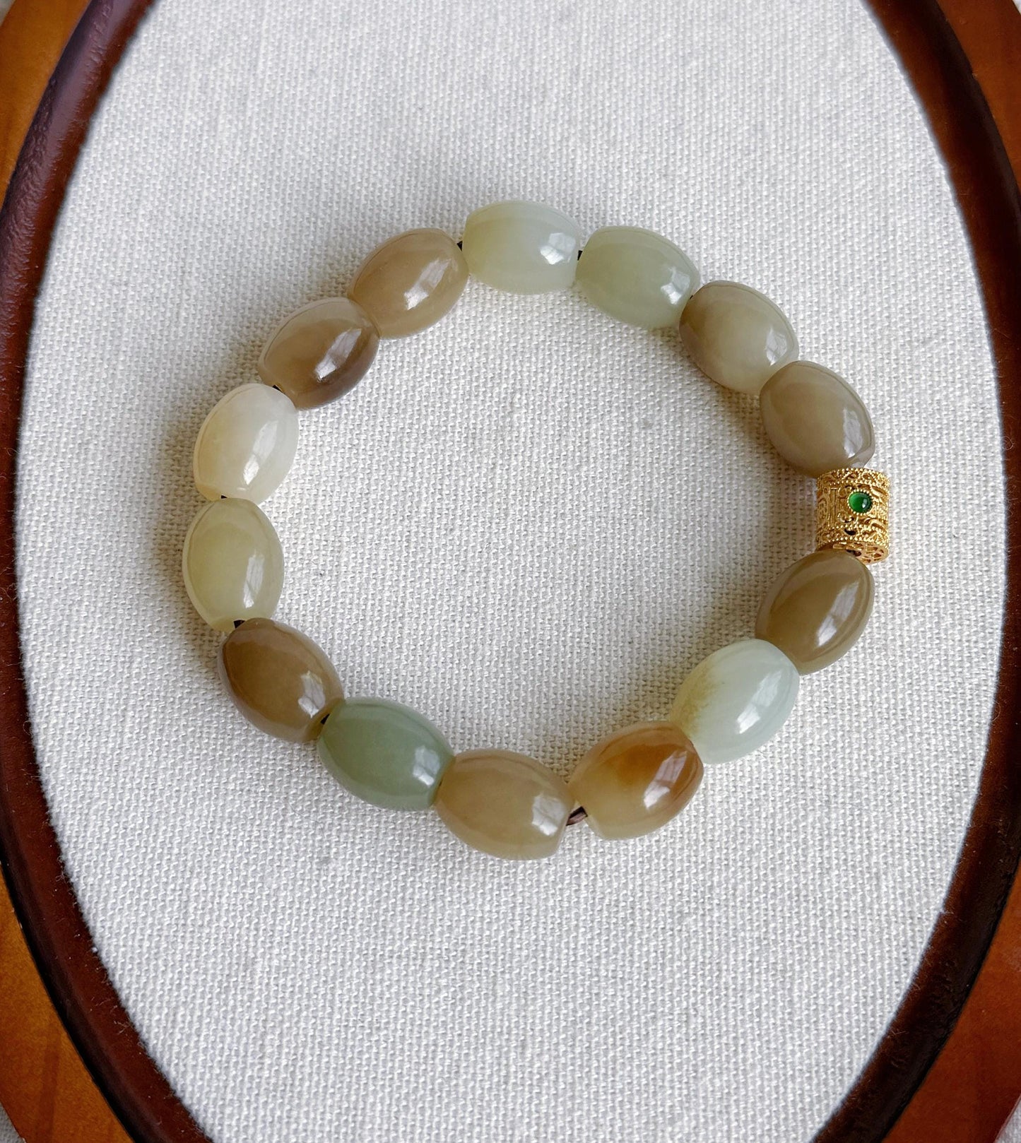 Natural Brown Nephrite Jade Beaded Bracelet 10x12mm | Gold-Plated S925 Silver Accent | Unisex Bracelet